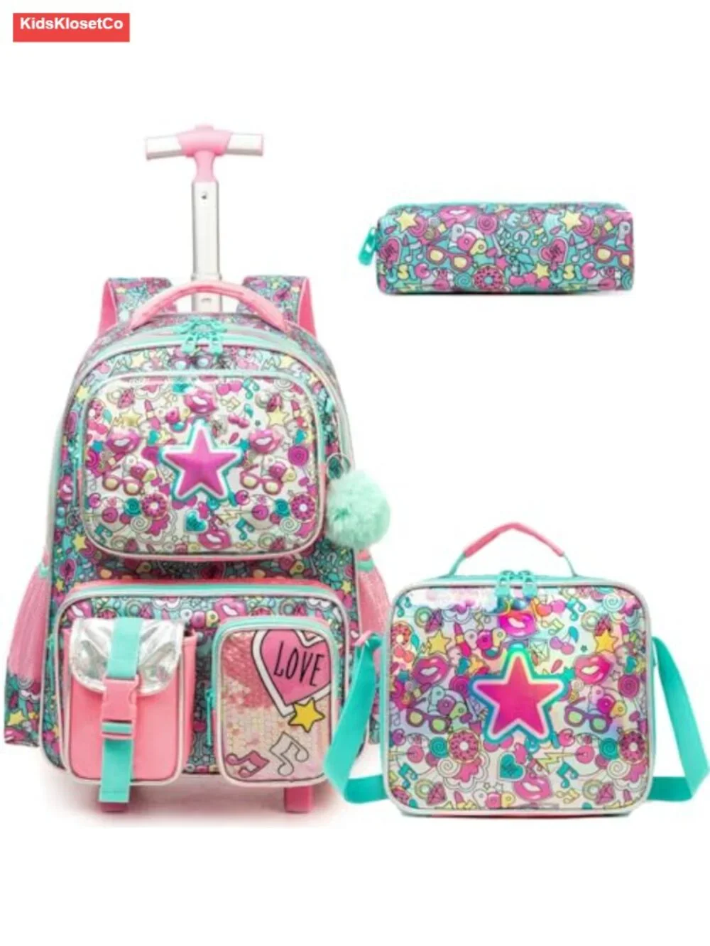 Kids Rolling Backpack with Wheels and Lunch Box for Girls Ages 3-15